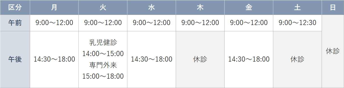 えんどう桔梗こどもクリニック診療時間 えんどう桔梗こどもクリニックの診療時間の表。内容については次のとおり。午前は月曜日から金曜日まで9時から12時。土曜日が9時から12時30分。午後は月曜日・水曜日・金曜日が14時30分から18時。火曜日は14時から15時まで乳児健診。15時から18時まで専門外来。休診は木曜日午後,土曜日午後,日曜日。